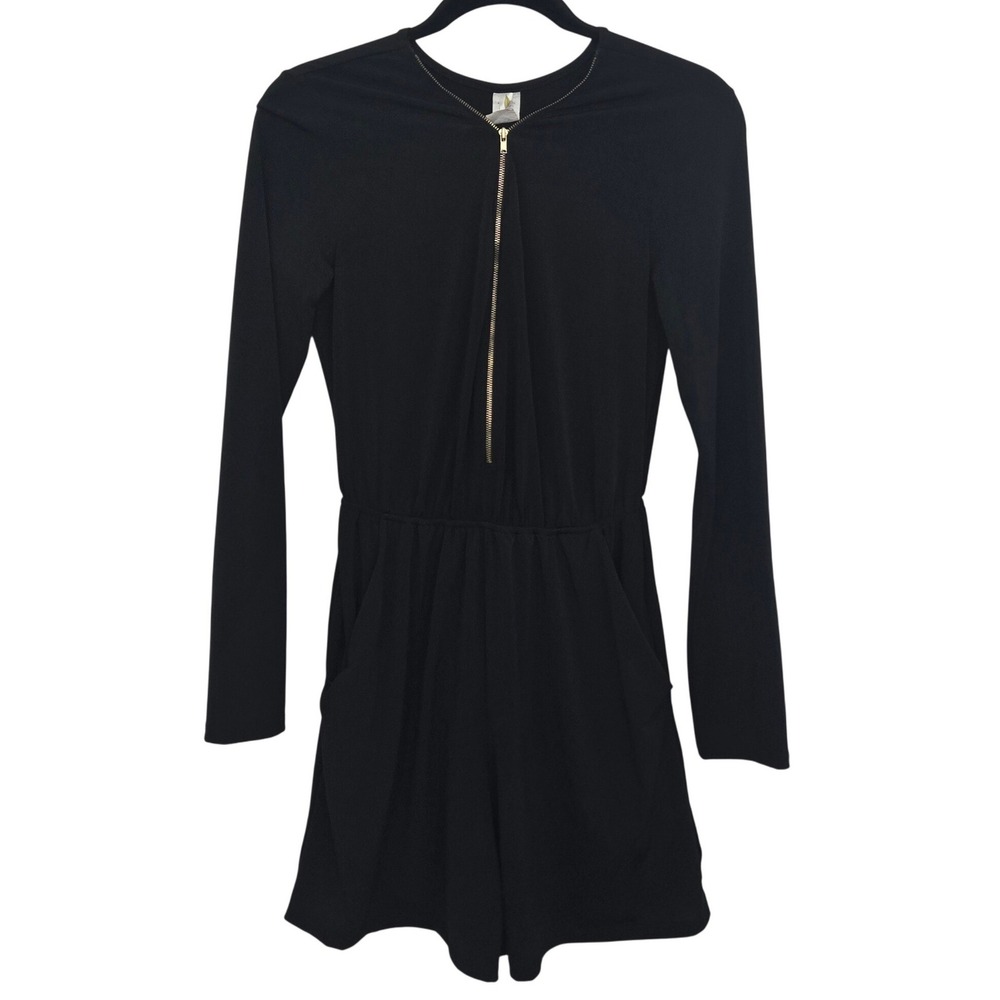 Espresso Romper Women M Black Long Sleeve Gold Zip Front Y2K Skort Stretch